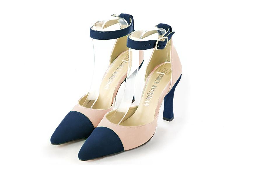 Dress heels closed-back ankle strap in navy blue and powder pink leather with high spool heels and tapered toe - Front view